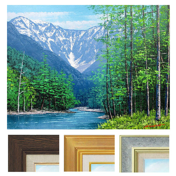 絵画インテリア絵 額付( 青緑＋金色の枠 )油絵uF6-111309 風景朝