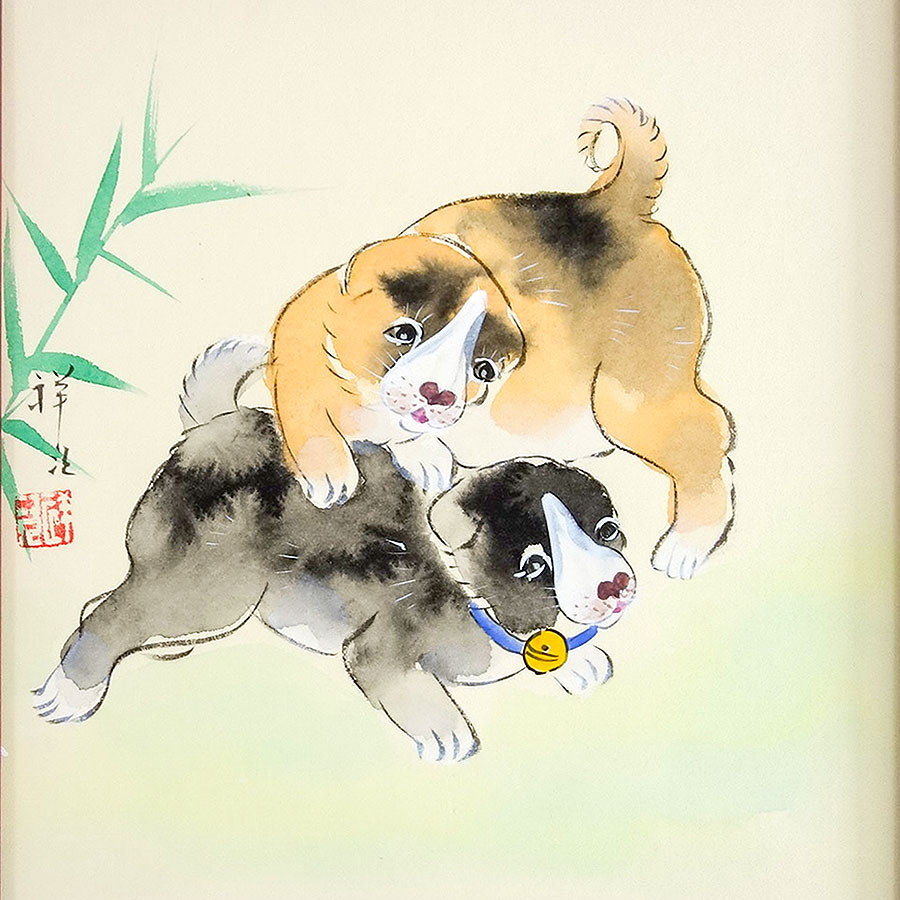 朝顔に洋犬親子図】秋香 2701 掛け軸 肉筆 朝顔に洋犬親子図】秋香