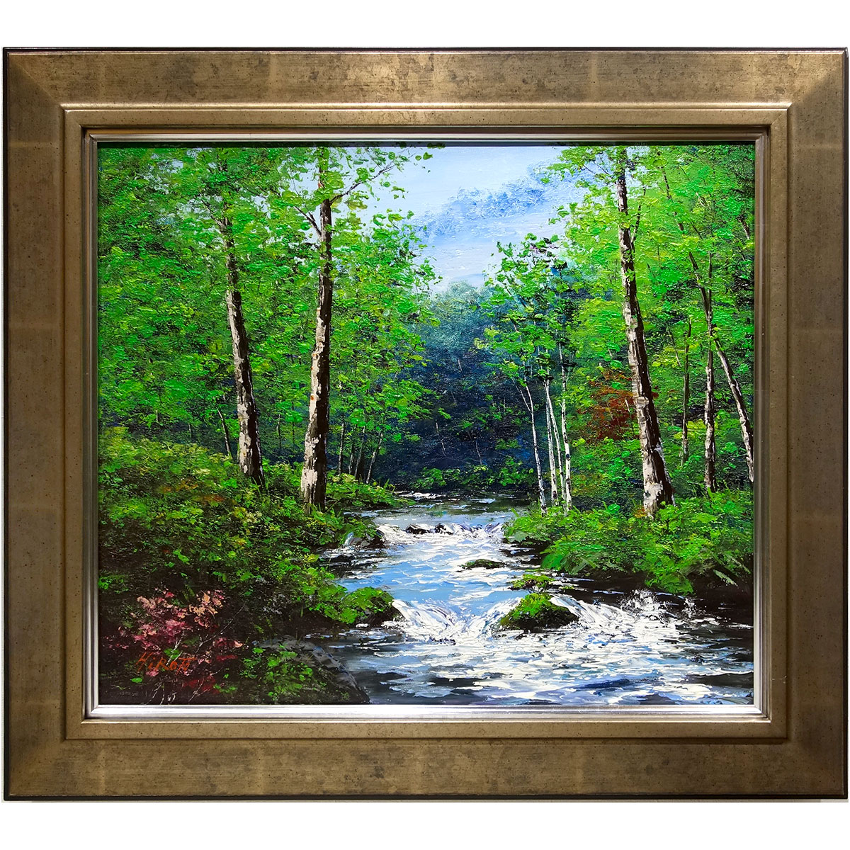 絵画 油絵 風景画 川沿いの並木道 F12 絵画 油絵 風景画 川沿いの