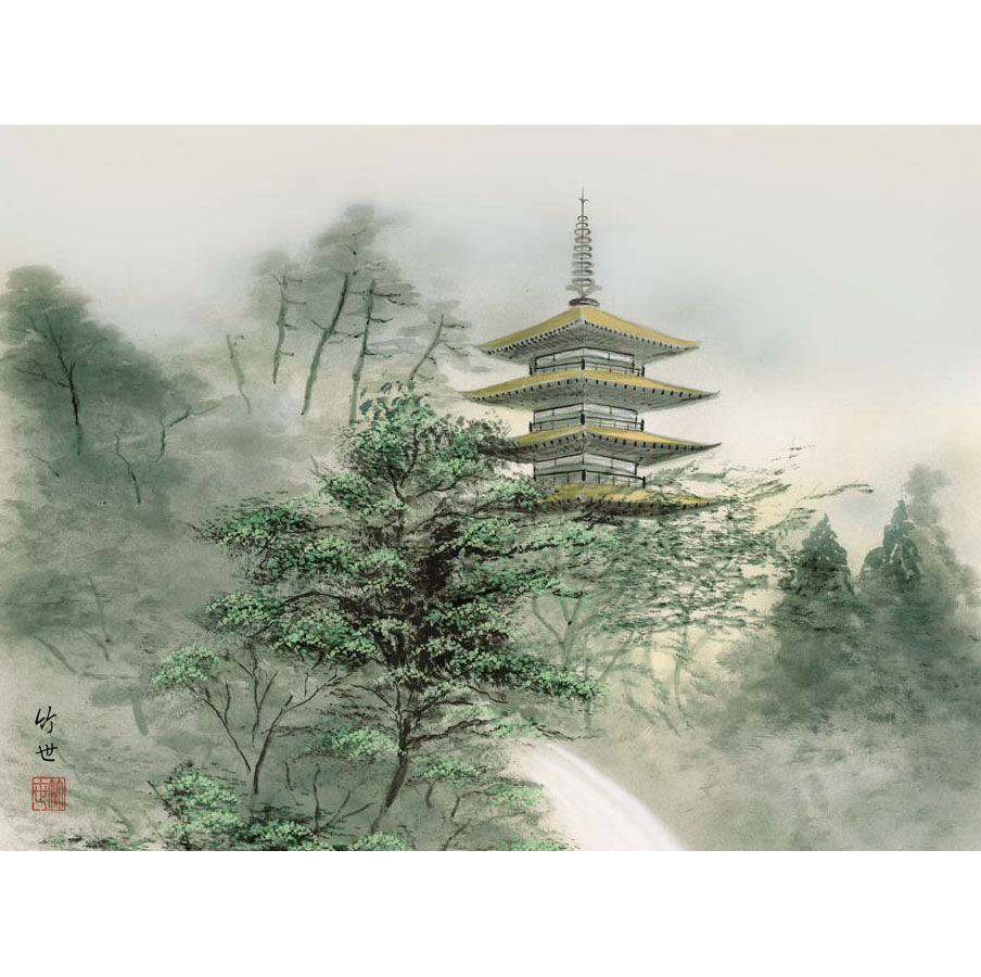 ストア 高精細デジタル額装版画 現代日本画 山水画 富士山、塔景 「 塔
