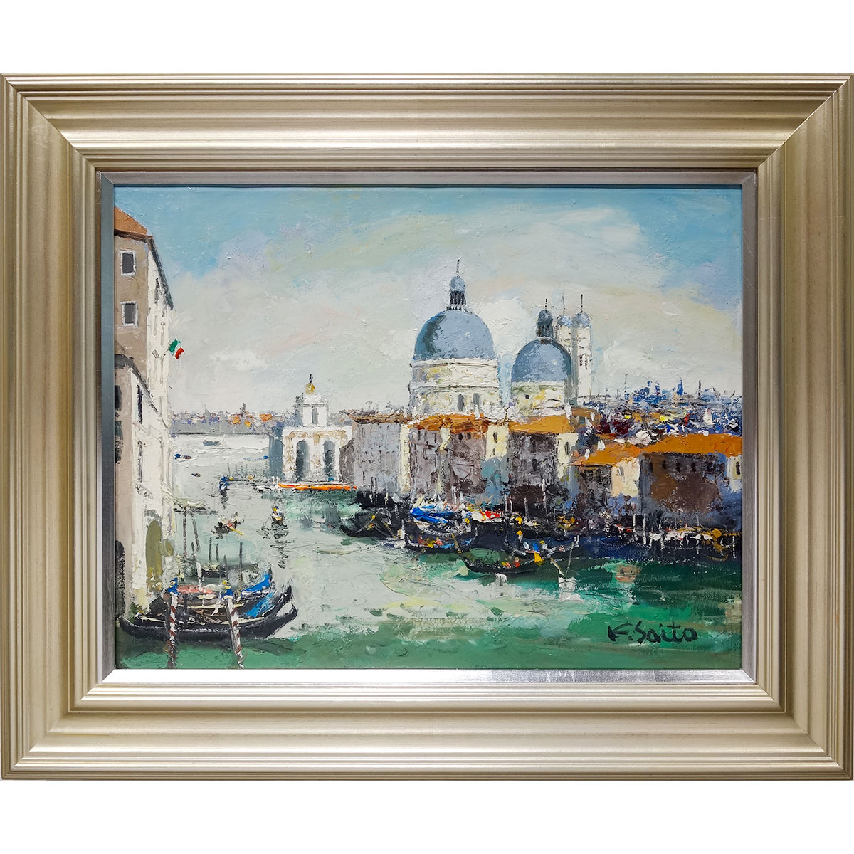 真作】絵画 油彩4号 ベニス風景 ヴェネツィア風景画 海と教会の風景