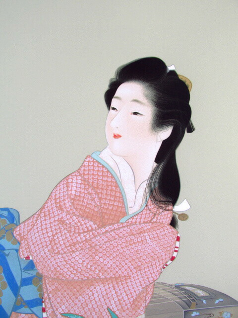 美品 掛け軸 上村松園筆「娘深雪」美人画 シルクスクリーン 足立美術館