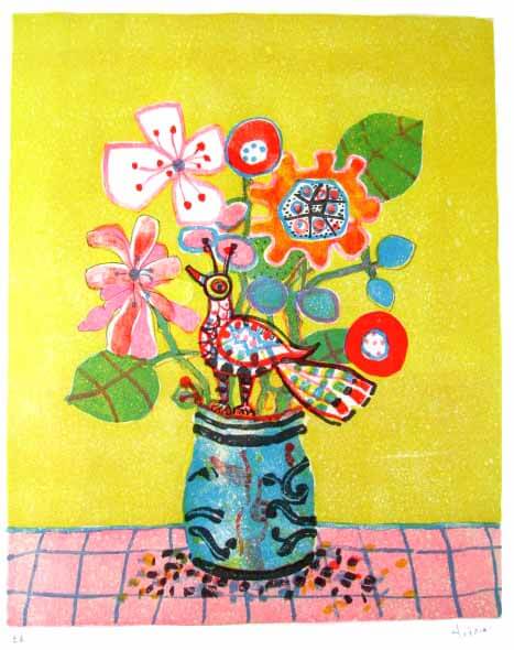 ポール・アイズピリ 直筆サイン『カラフルな鳥と赤いチュウリップと