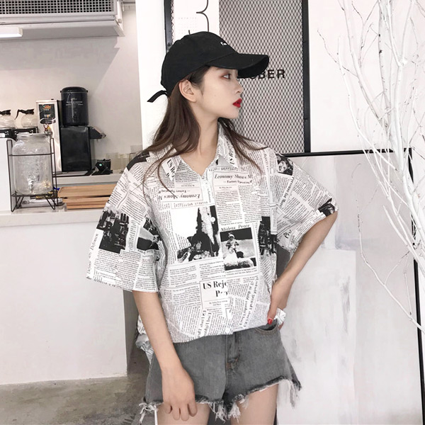 楽天市場】柄シャツ 半袖 ニュースペーパー 総柄 プリント モノトーン