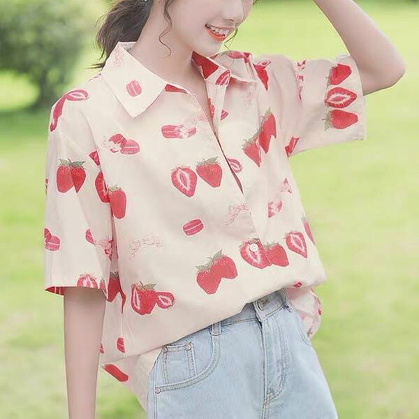 楽天市場】柄シャツ イチゴ柄 ピンク 半袖 いちご柄 苺 スイーツ柄