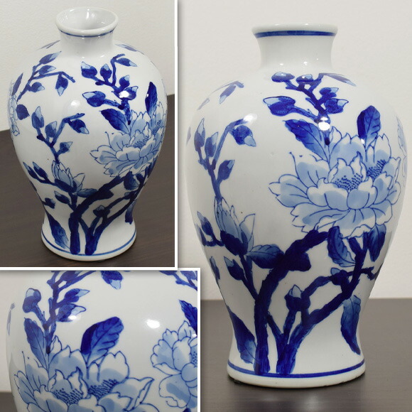 楽天市場】A＆B HOME ブルーホワイトピオニー 青白陶器牡丹柄壷 花瓶