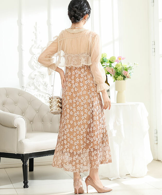 楽天市場】2WAY シアー トップス付き 花柄 レース ロング ワンピース