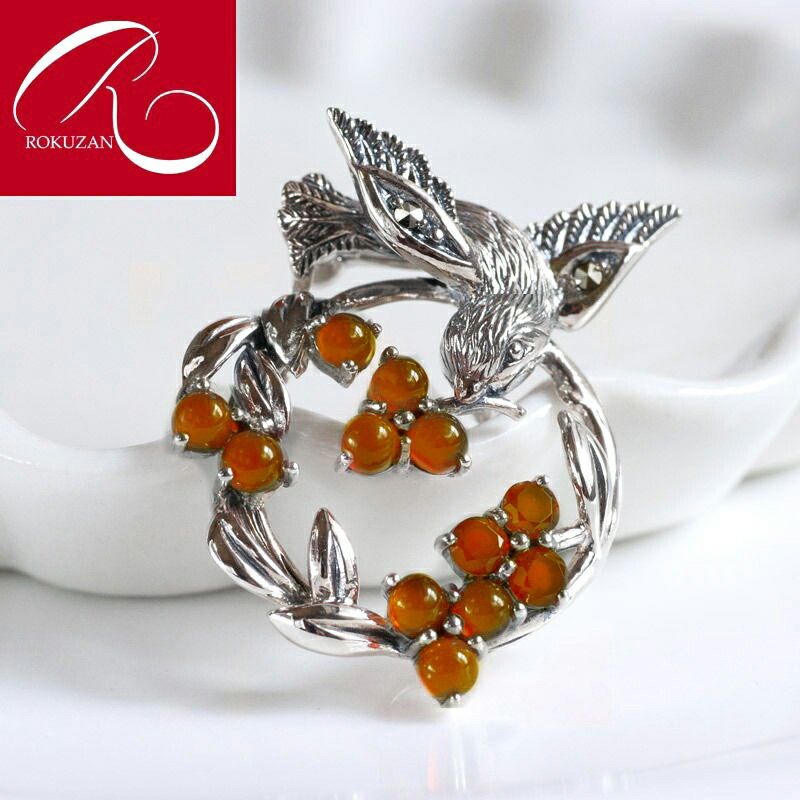 楽天市場】【碌山】シルバー 福来雀と南天の実 ブローチペンダント