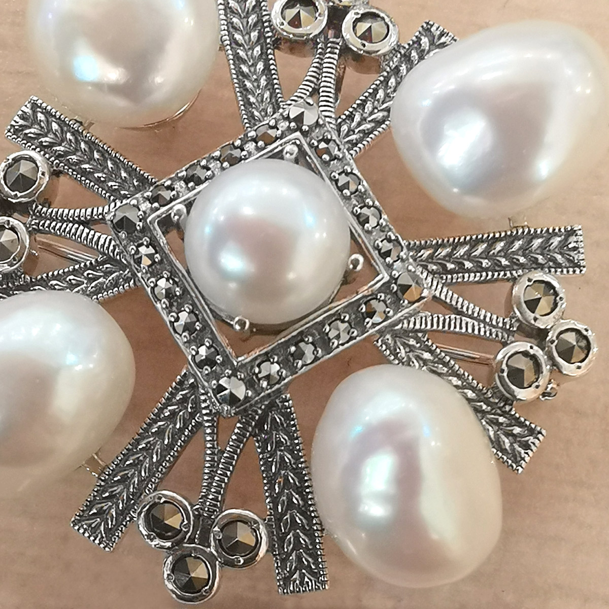 碌山 ロクザン ヴィンテージ オニキス パール シルバーブローチ 925