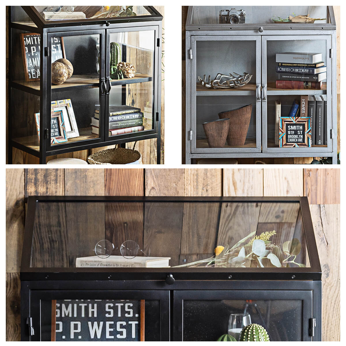 値下げ※【展示品】ヴィンテージ 木製 ガラスキャビネット グレー