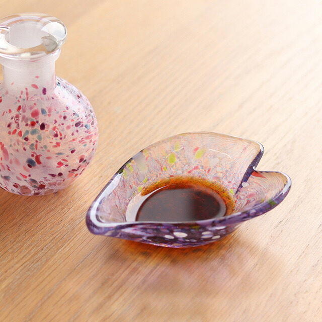 骨董 レトロガラス 紫陽花色 練りガラス 八角型 双耳付き豆鉢 刻印有り