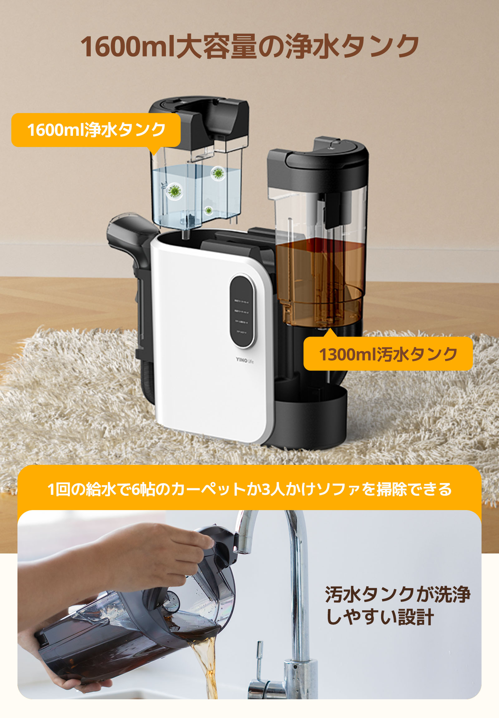 リンサークリーナー 12KPa 強力吸引力 カーペットクリーナー 大容量水