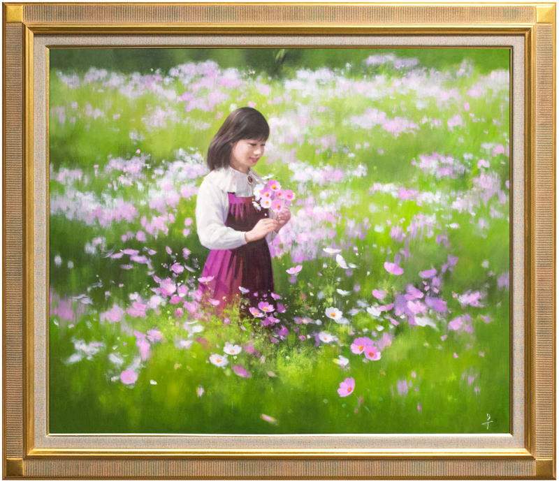 長岡卓 「コスモス畑」 油彩F8号 真作保証 一枚の繪取扱作 油彩画 油絵