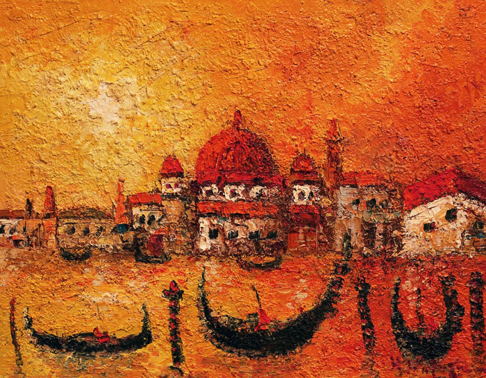 渡辺ひでき 油彩画 ベニス 風景画 木製フレーム付き 渡辺ひでき 油彩画
