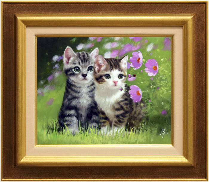 油彩画 長岡卓 「お兄ちゃんと はい、ポーズ」 額付き 直筆サイン入り