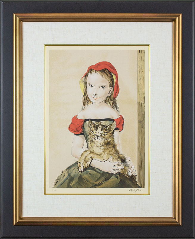 模写】絵画 藤田嗣治 アクリル画 乳白色の裸婦と猫のいる幻想的構図