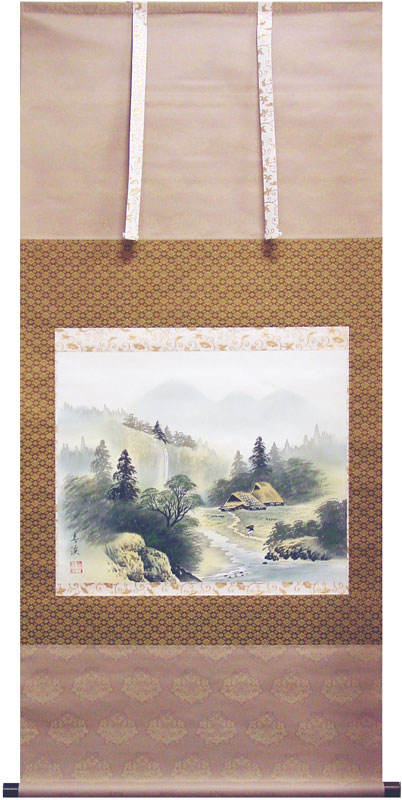 美品 春川先生 彩色山水園 掛軸 木箱付き 掛け軸 【彩色山水図】 春川