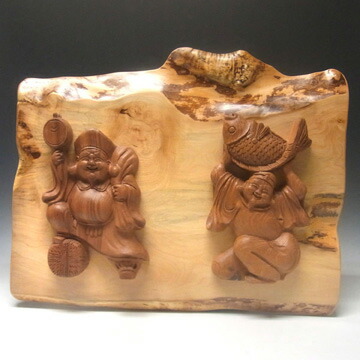 欅彫刻浮彫り大黒様壁飾り骨董