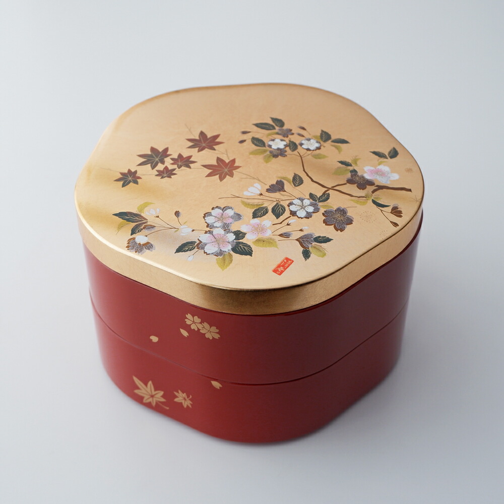 楽天市場】梅型二段重 「春秋の詩」金銀箔工芸品 漆器 お菓子入れ