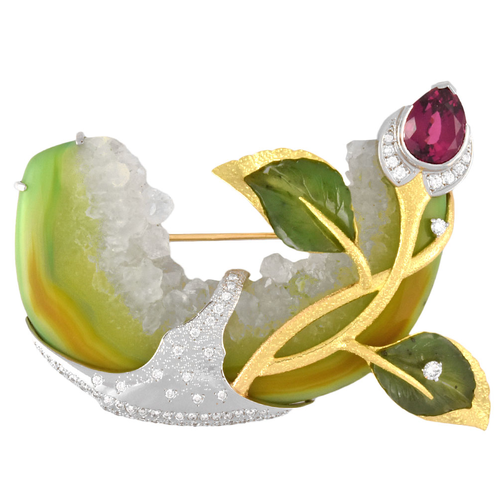 田宮千穂☆美品☆K18YG×Pt900☆ダイヤ0.16ct☆作家物ブローチ