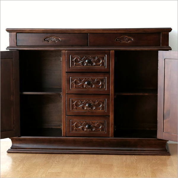 アンティーク調 木彫りコンソールキャビネット サイドボード 飾り棚