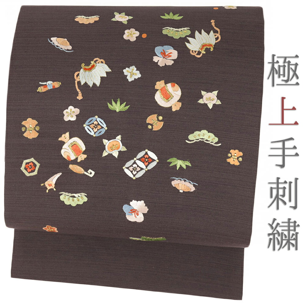 楽天市場】名古屋帯 手刺繍 未使用 正絹 紬 カジュアル 宝尽くし 濃茶