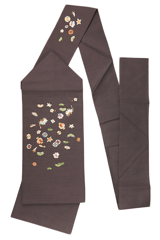 楽天市場】名古屋帯 手刺繍 未使用 正絹 紬 カジュアル 宝尽くし 濃茶