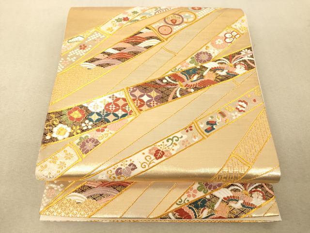 ZY-694袋帯 亀甲華文 唐織 銀糸 金糸 六通 正絹 名品 銀糸 正絹 袋帯 唐織