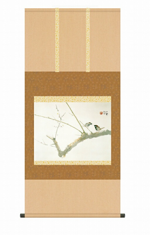 真作】【複製】掛軸 竹内栖鳳 工芸画 梅に鶯図 合箱入 T50