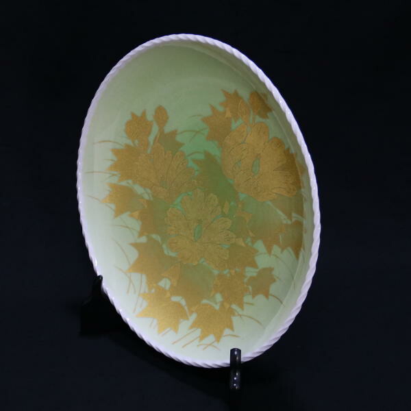 九谷焼 錦山窯三代 人間国宝 吉田美統 ヒワ香釉裏金彩芙蓉香炉 木箱