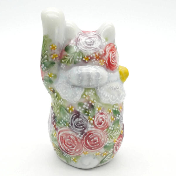 願いが叶う】九谷焼 タッチ猫 下野邦子作 イッチン 華盛り 作家 招き猫