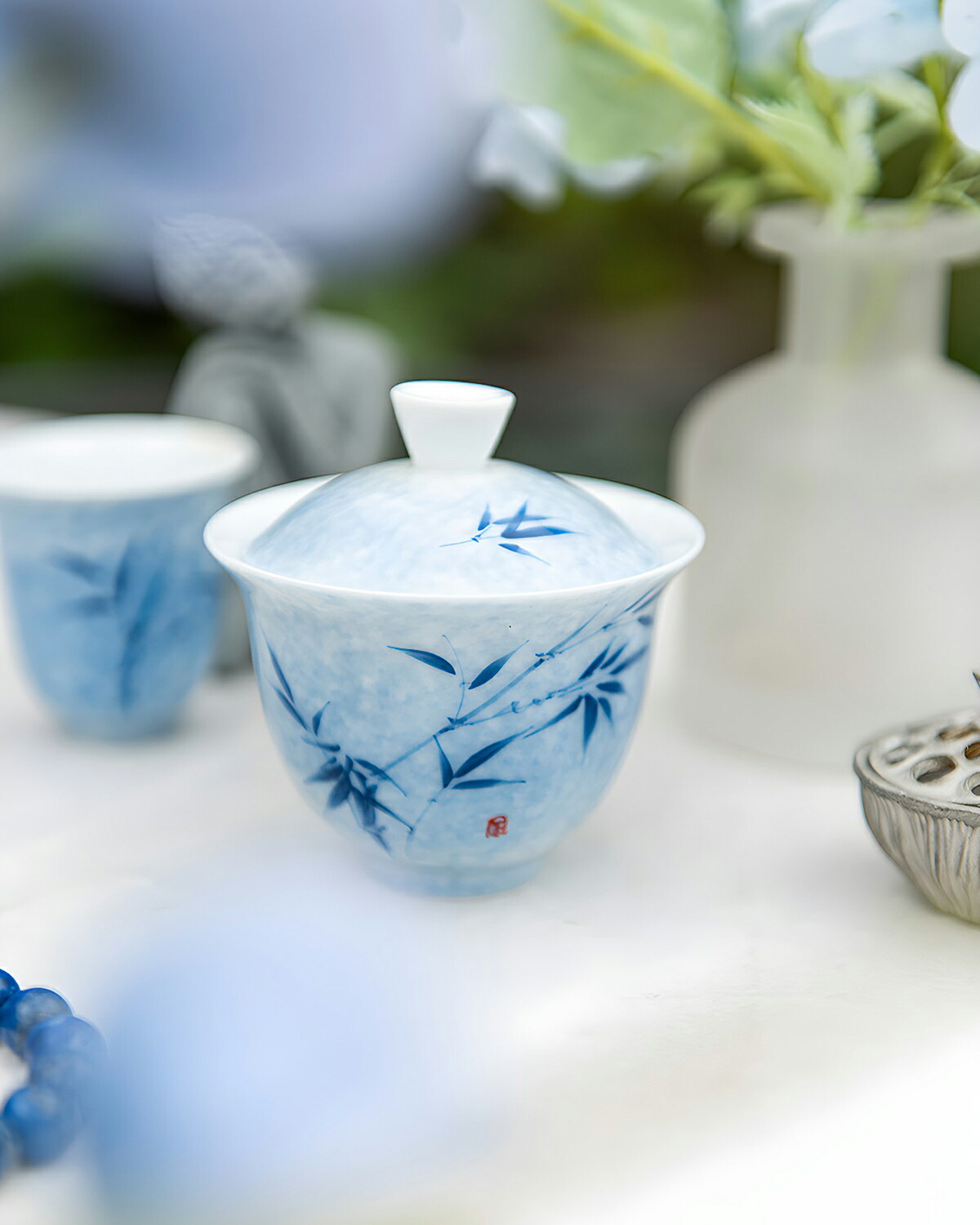 楽天市場】IwaiLoft 手描きの青と白の竹 蓋碗 120ml 三才碗 宝瓶 煎茶