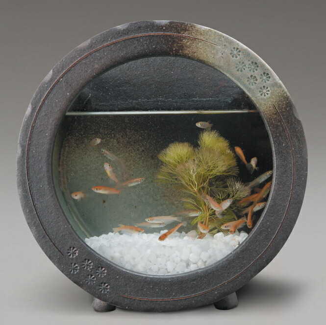 和 アジアン 青緑色 花模様 丸型 水槽 陶器 金魚 メダカ 和 アジアン
