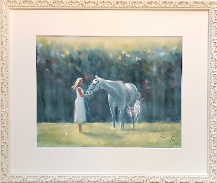 白馬と女性 F25 絵画 油彩画 風景画 人物画 白馬と女性 F25 絵画 油彩