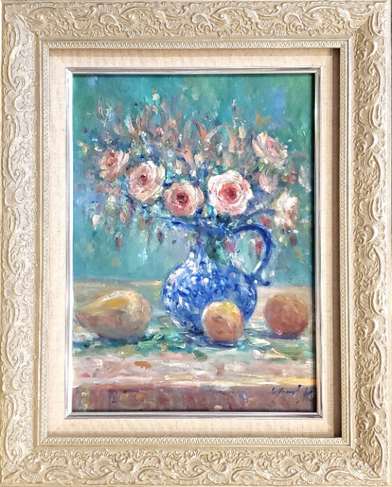 油絵 絵 絵画 インテリア 額付(白) uF6-062004 静物 果物と器 絵画