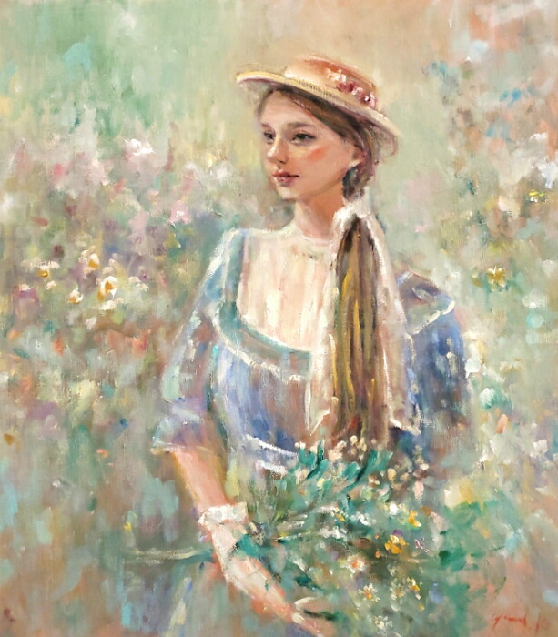 絵画 インテリア 額付(銀) 油絵 F6-050413 人物 女性像 絵画