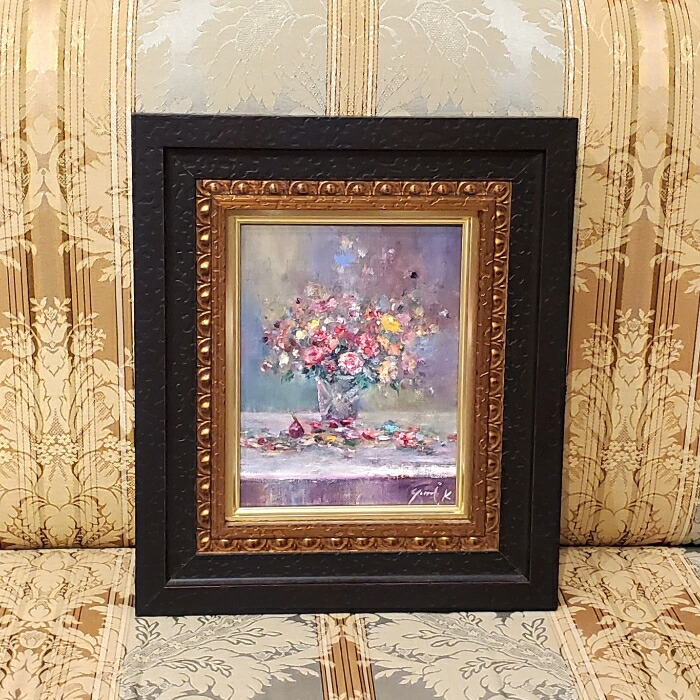 絵画 インテリア 絵 額付(黒) 油絵 F4-070202 花 ばら 絵画 インテリア