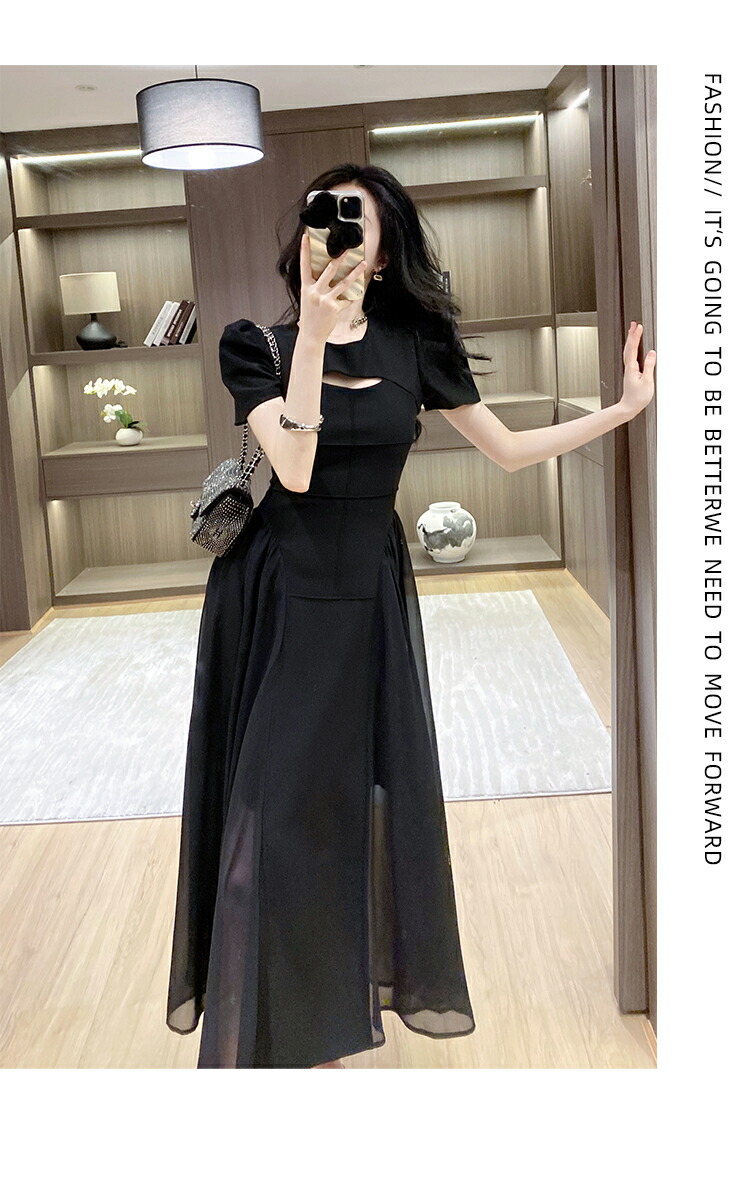 楽天市場】ブラック ワンピース パーティードレス 切替素材 シフォン