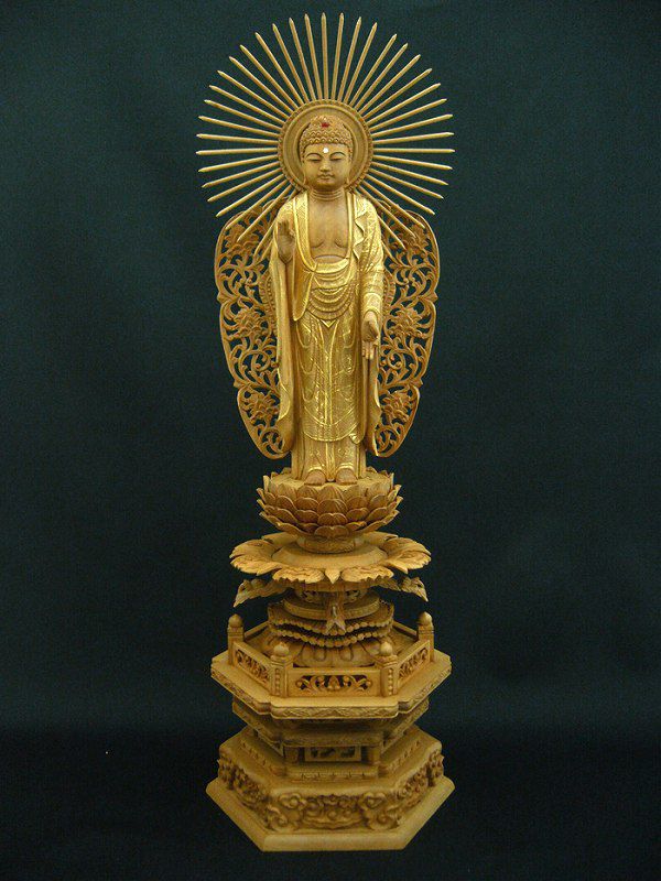 白檀 金泥書 丹型阿弥陀如来 4.5寸 六角ケマン台 木彫り 仏像