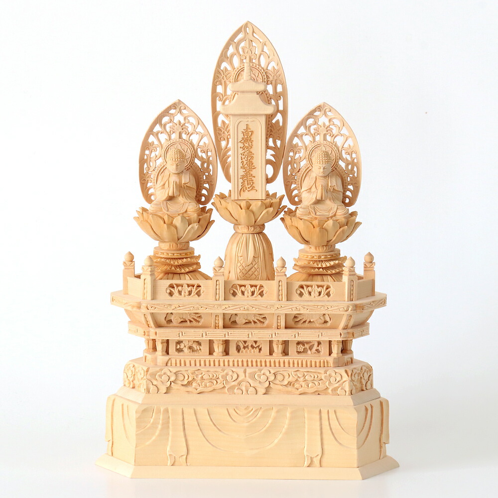 セール延長・新品】 三宝尊 金泥 紅檀 上彫り 総高さ約26cm 日蓮宗