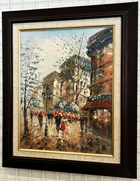 大聖堂風景 作者不詳 油絵 額61×33絵57×28cm ヨーロッパ街の風景 大