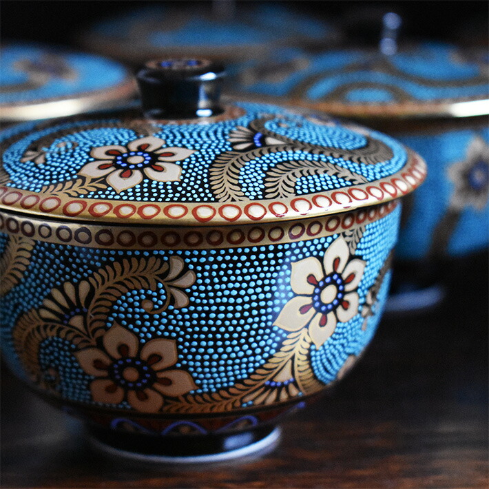 楽天市場】九谷焼 蓋付き 湯呑み 5客・急須 セット 青粒金唐草（ 来客