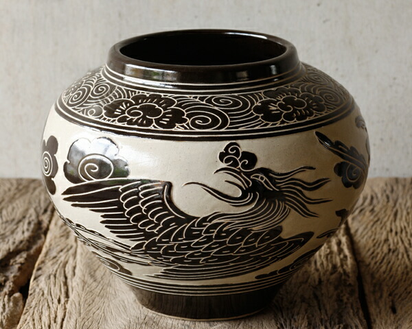 壺屋焼 緑釉唐草掻き落とし 大壺 壺屋焼 緑釉唐草掻き落とし 大壺