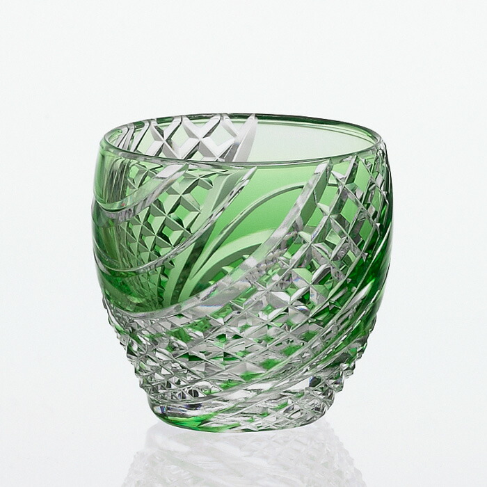 美品】カガミクリスタル ビアジョッキ グリーン 江戸切子 酒器揃＜竹の