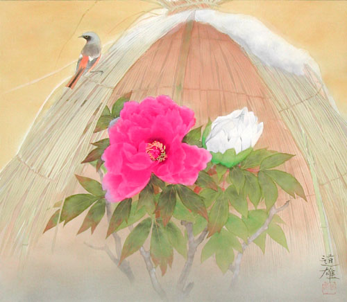 真作】掛軸 伊藤柳荘 寒牡丹 冬の風情漂う花鳥画 逸品 共箱入 T102 真