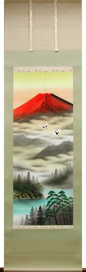 保管品】掛軸 英峰『赤富士図』絹本 共箱付 掛け軸 廊7-2