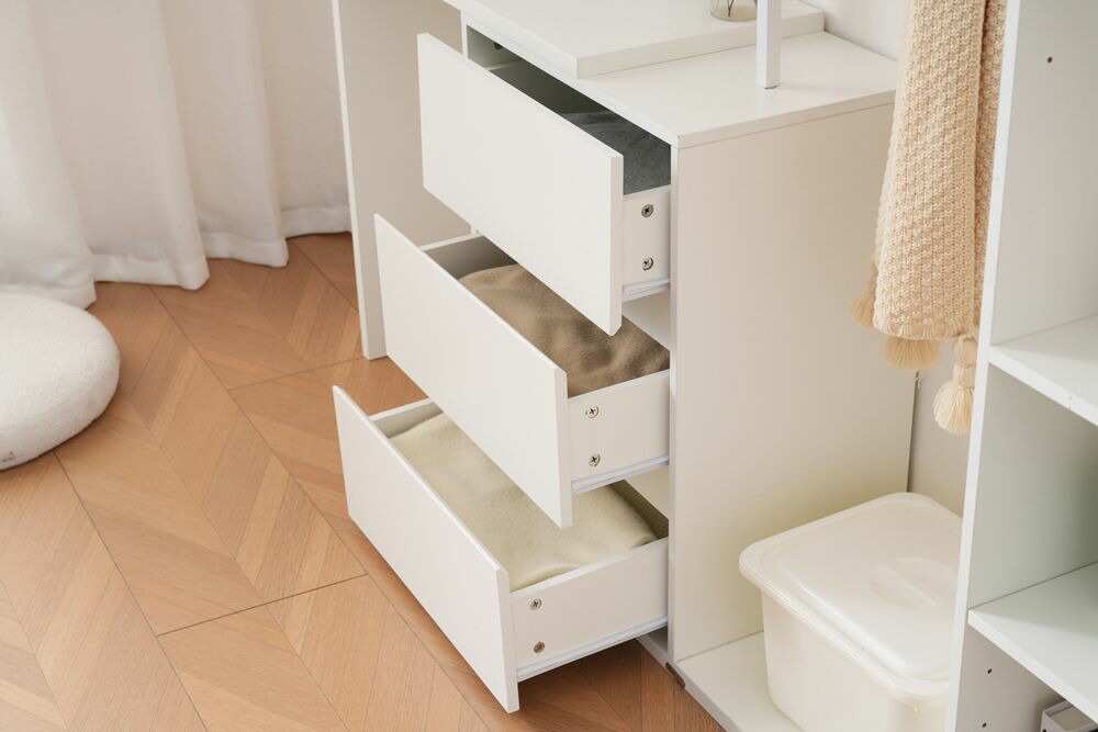 3段キャビネット+幅調整デスク+ ハンガーラック+ラック化粧台 デスク