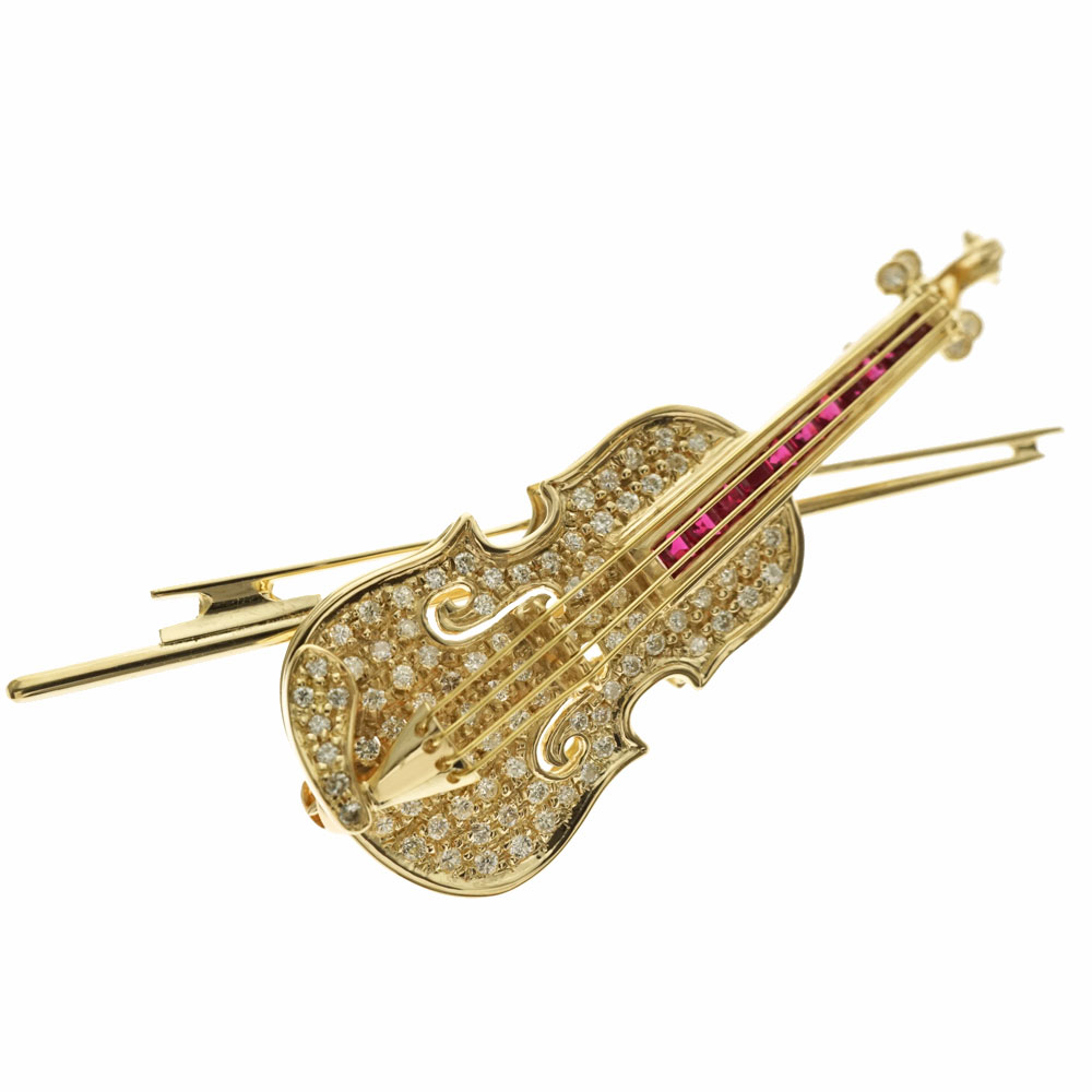 おおちゃん【超豪華】K18WG ダイヤ＋ルビー バイオリン ブローチ おお
