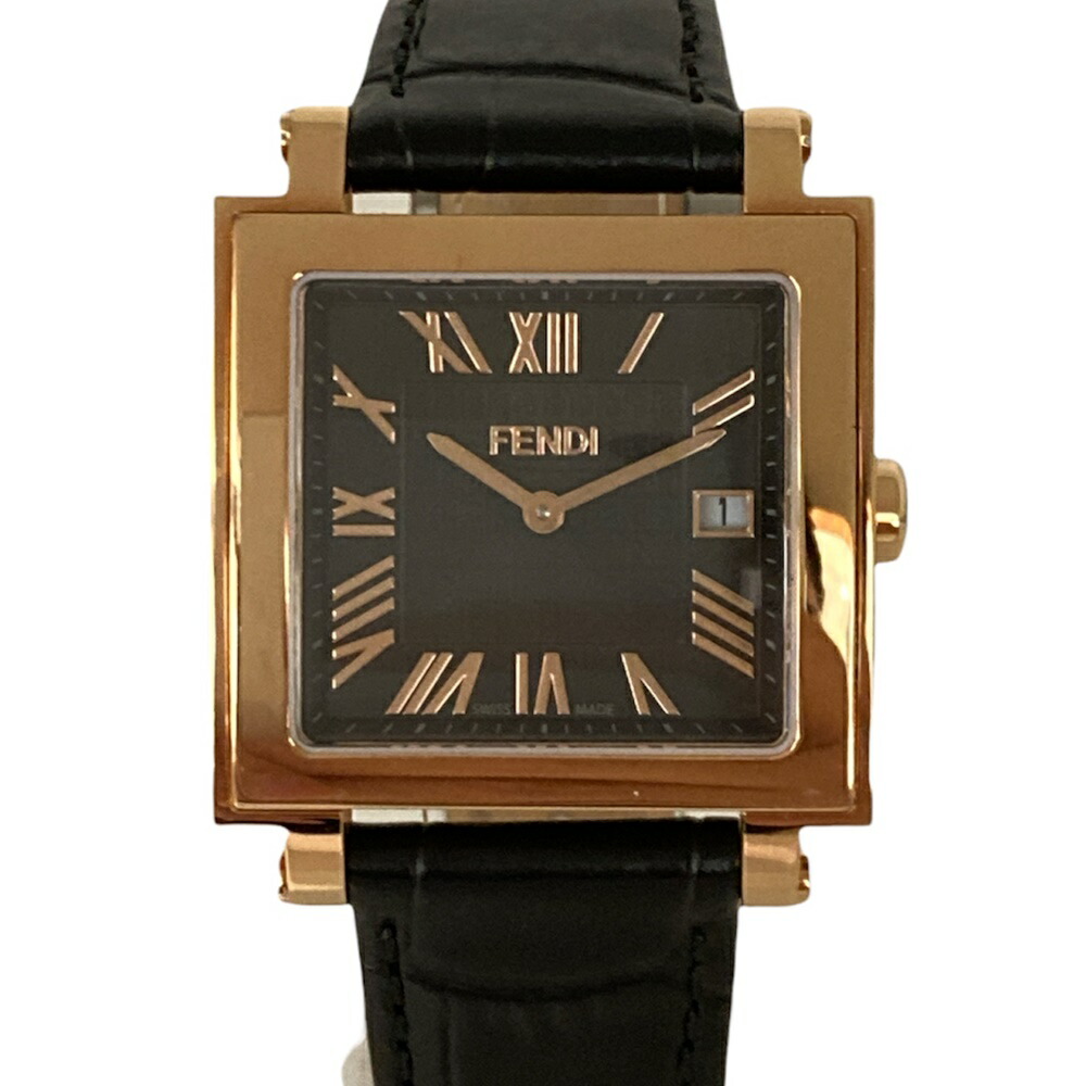 ジャンク品】FENDI 黒 レザーベルト 時計 ゴールド金具 ジャンク品