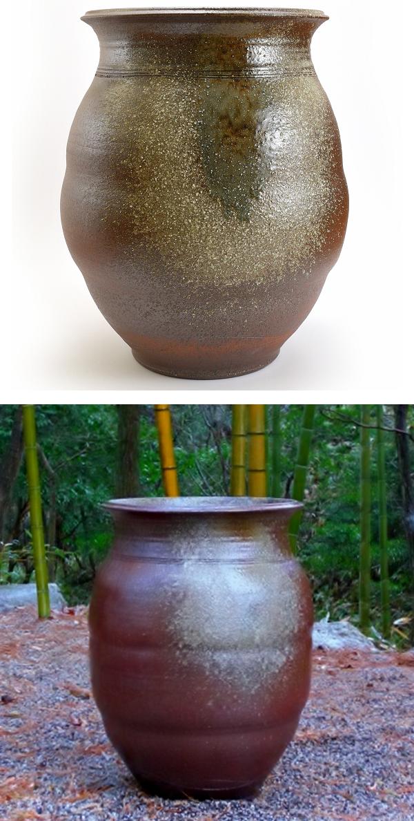 信楽焼 持ち手付き壺 信楽 山水壺（特殊技法による製作品）16号｜中村